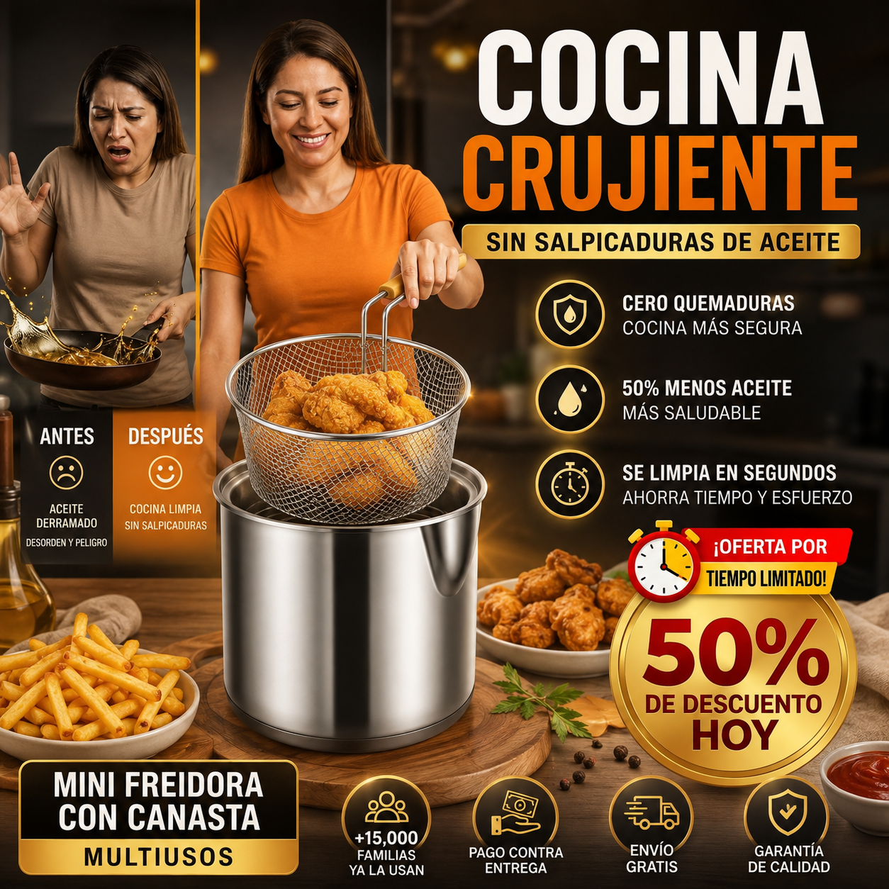 CrispSafe® Mini Freidora de Acero Inoxidable | Cocina Crujiente Sin Salpicaduras de Aceite