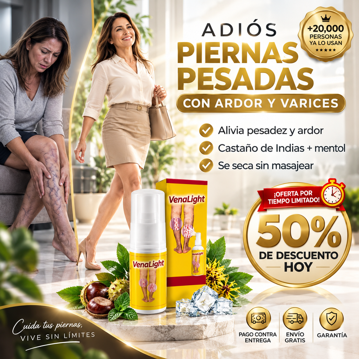 VenaLight® Spray para Piernas con Varices | Alivia Pesadez, Ardor y Dolor