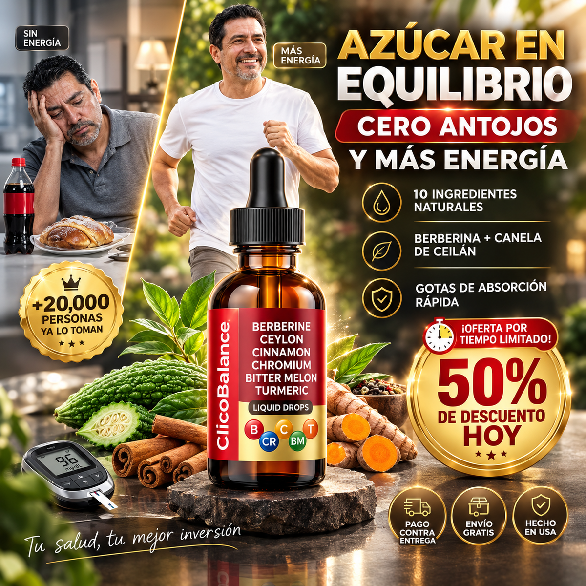 GlicoBalance® Gotas de Berberina y Canela de Ceilán | Azúcar Estable, Cero Antojos