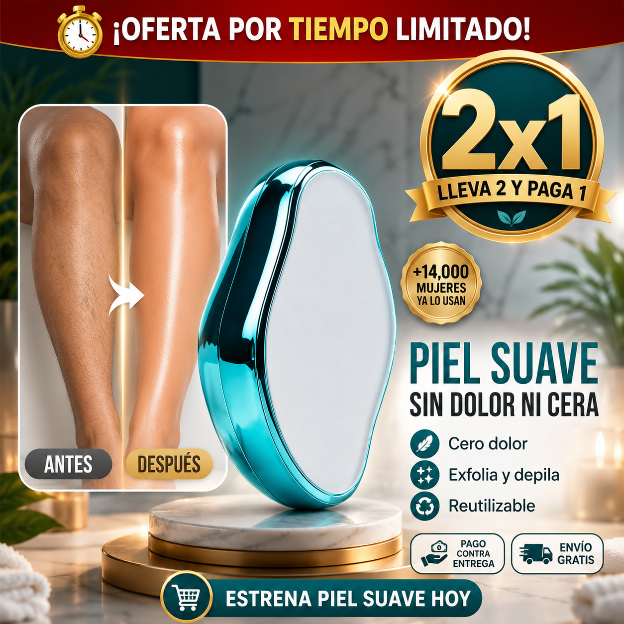 VelvetSkin® Depilador de Cristal Exfoliante | Piel Suave Sin Dolor ni Cera