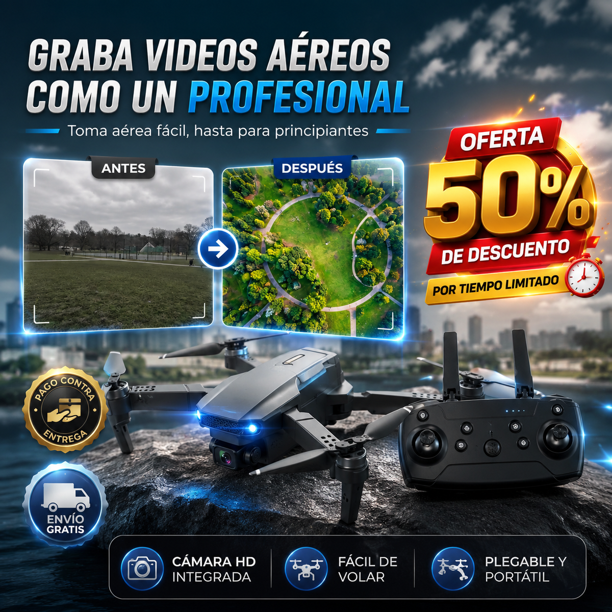 Drone FlyEasy® S60 con Cámara HD | Graba Videos Aéreos Como un Profesional