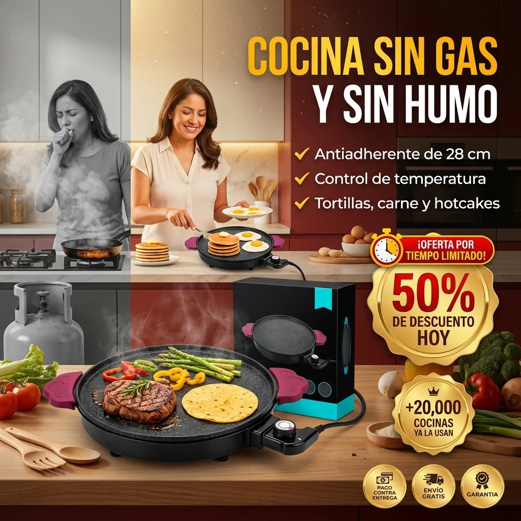 TortiGrill® Plancha Eléctrica Redonda Antiadherente | Cocina Sin Gas y Sin Humo