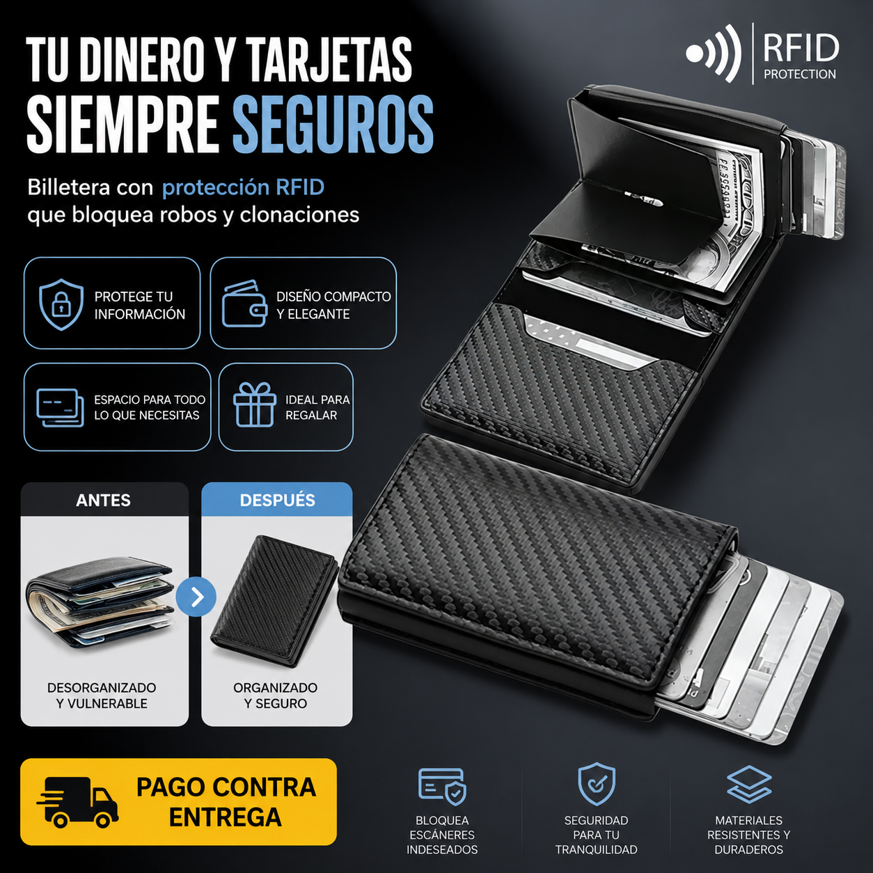 Billetera Inteligente CarbonShield®: Seguridad RFID y Acceso Rápido en tu Bolsillo
