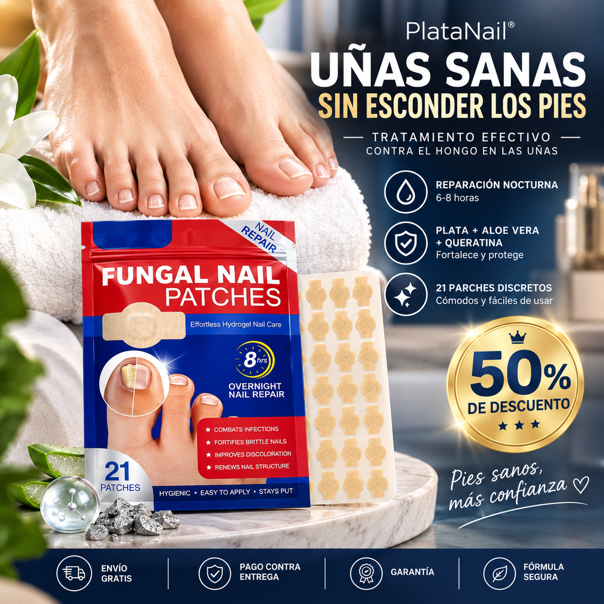 PlataNail® Parches Reparadores de Uñas con Plata y Alantoína | Mata Hongos de Uñas