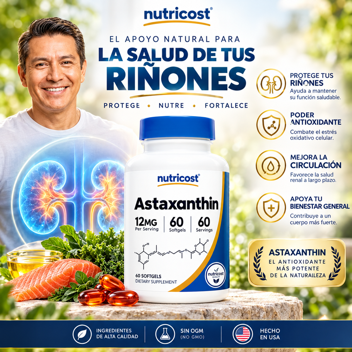 RenaVital® Astaxantina 12 mg | Cuida Tus Riñones Desde la Célula: Antioxidante Diario
