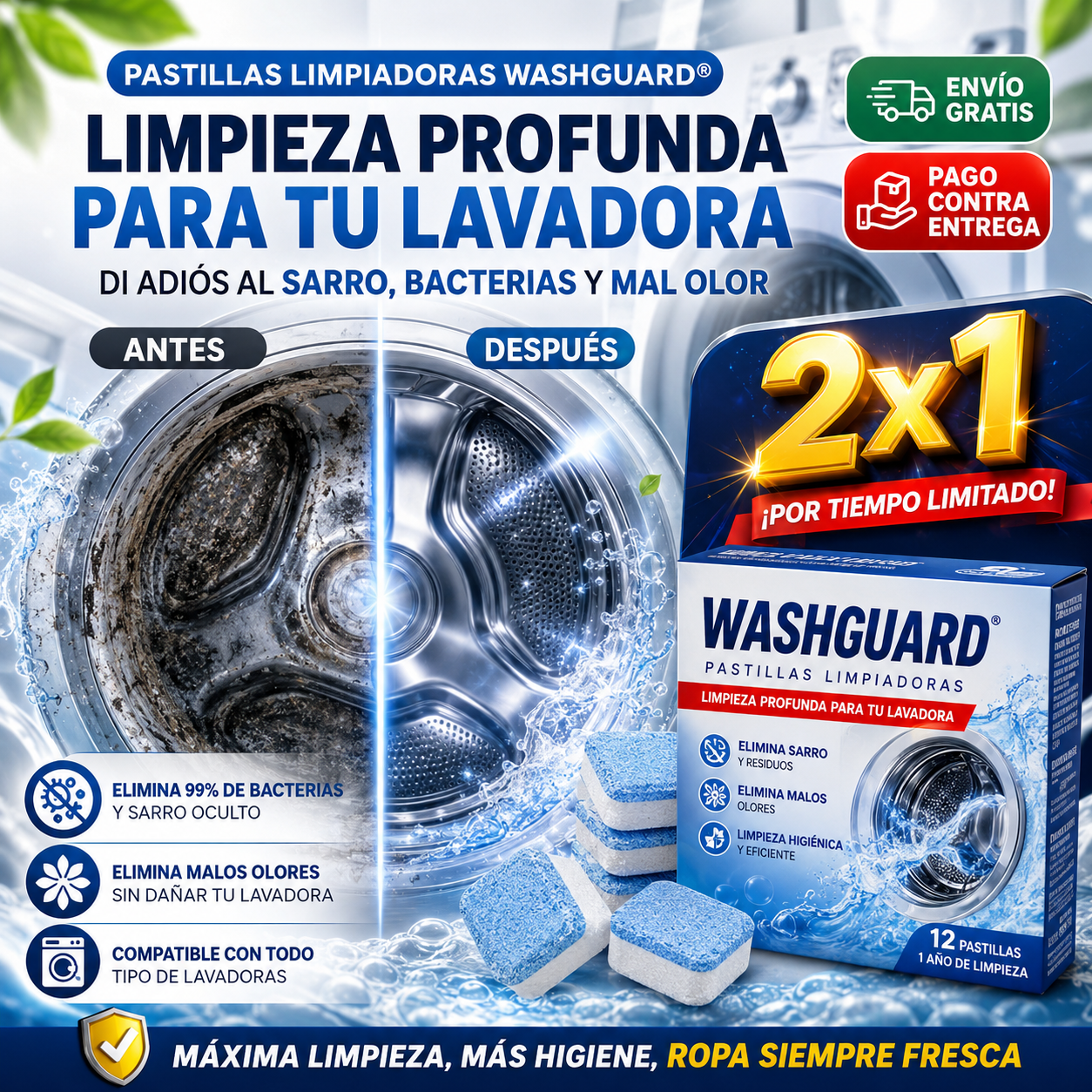 Pastillas Limpiadoras WashGuard®: Elimina el Sarro, Bacterias y el Mal Olor de tu Lavadora