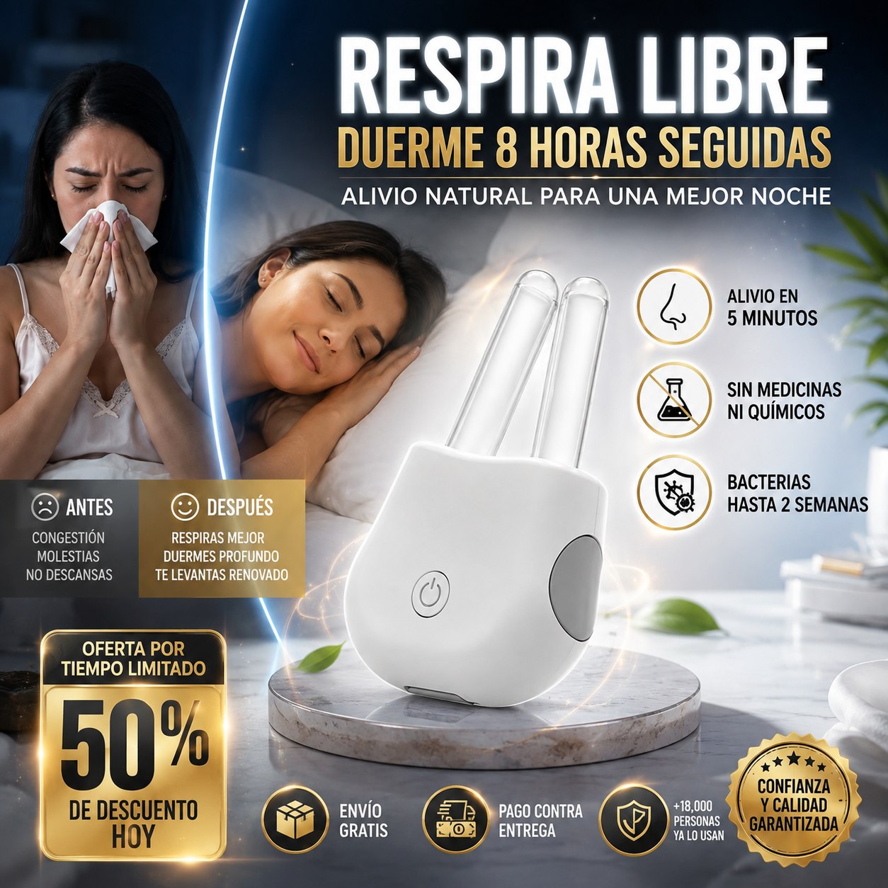 AirClear® Descongestionador Nasal Infrarrojo | Respira Libre y Duerme 8 Horas Sin Interrupciones