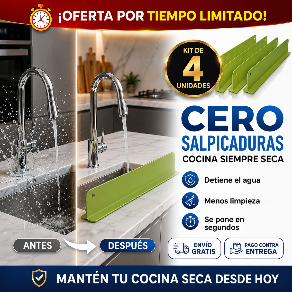 SplashGuard® Protector Antisalpicaduras para Fregadero | Cocina Seca y Sin Desorden
