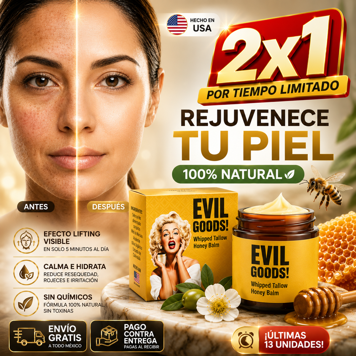 EvilGoods® Bálsamo de Sebo de Res y Miel de Manuka | Antiedad 100% Natural