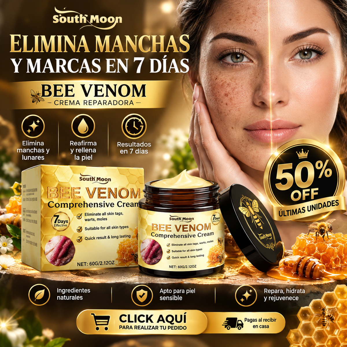 BeeRenew® Crema Reparadora con Veneno de Abeja | Elimina Manchas, Lunares y Desinflama