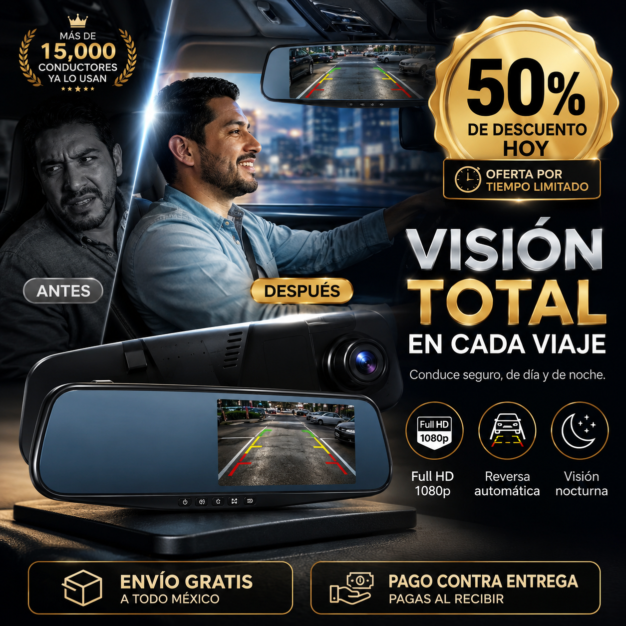 Espejo Retrovisor con Cámara DVR® 1080p | Visión Total y Reversa Automática