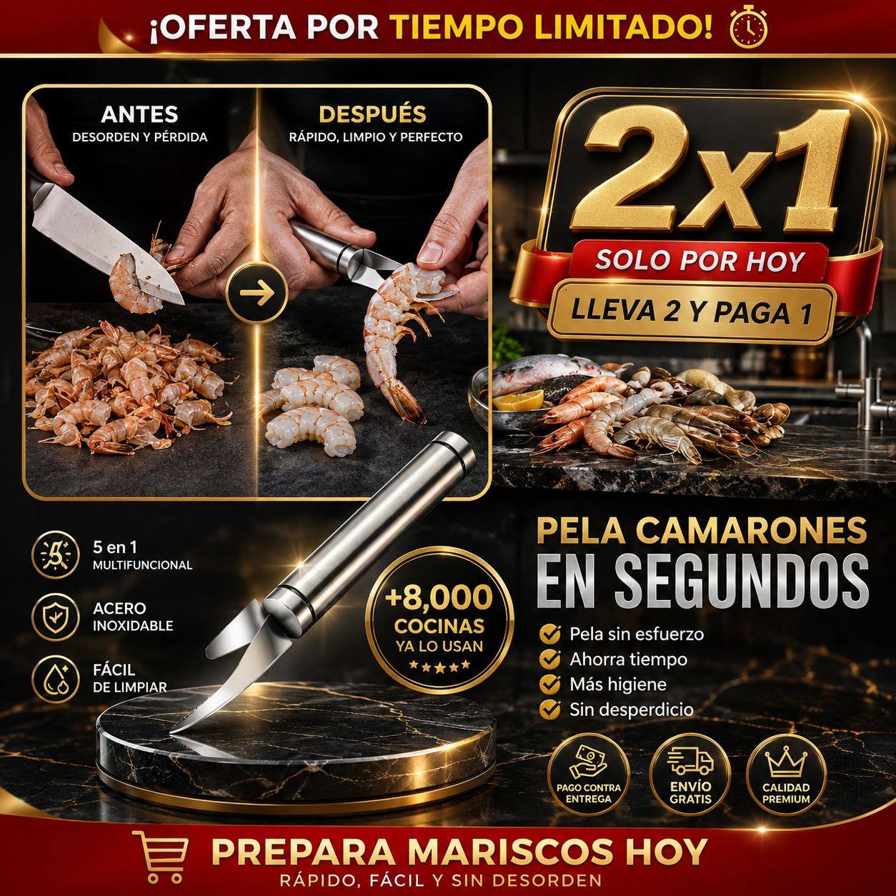 ShrimPro® Cuchillo Pelador de Camarones 5 en 1 | Pela y Desvena en Segundos