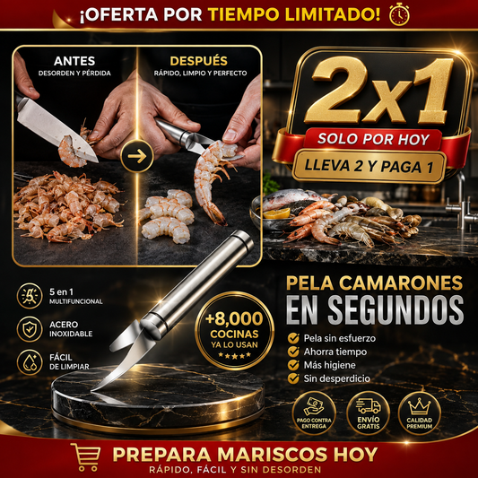 ShrimPro® Cuchillo Pelador de Camarones 5 en 1 | Pela y Desvena en Segundos