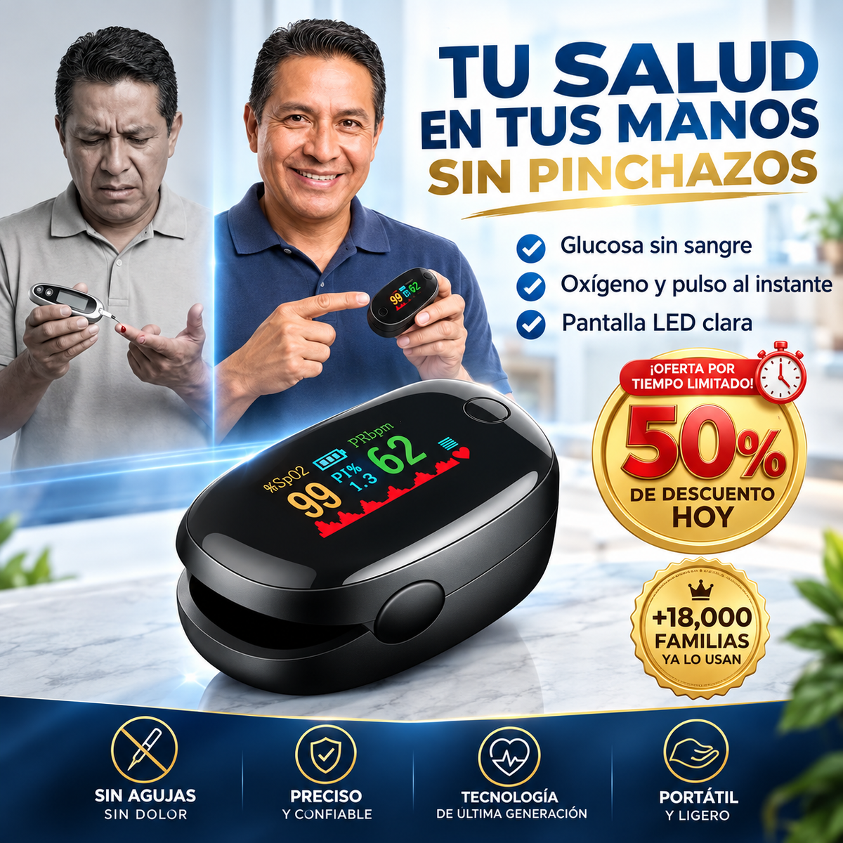 OxiVital® 2en1 Oxímetro y Glucómetro Inteligente | Mide tu Glucosa Sin Pinchazos