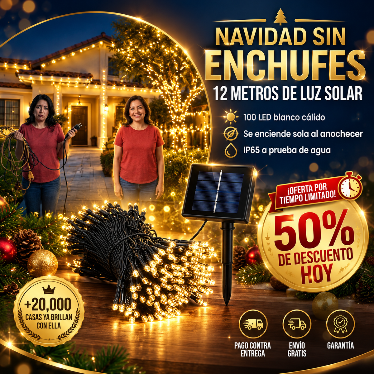 LumiNav® Serie de Luces Solares 12 m con 100 LED | Decora Tu Navidad Sin Enchufes