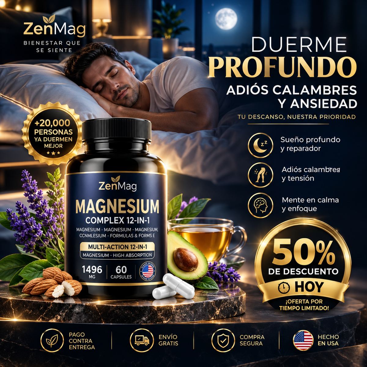 ZenMag® Magnesio Complex 12 en 1 | Duerme Profundo, Adiós Calambres y Ansiedad