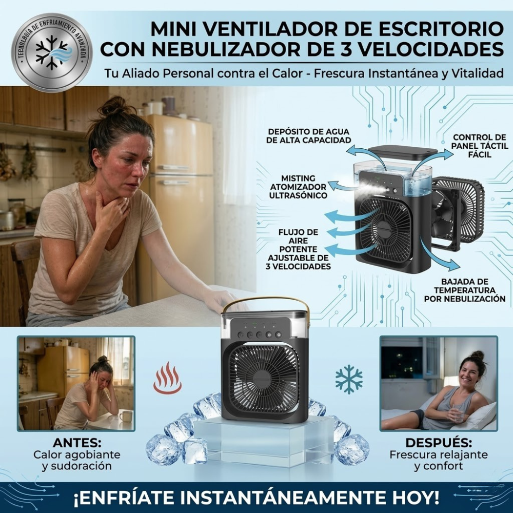 Mini Aire Acondicionado Portátil 3 en 1 con Luz LED