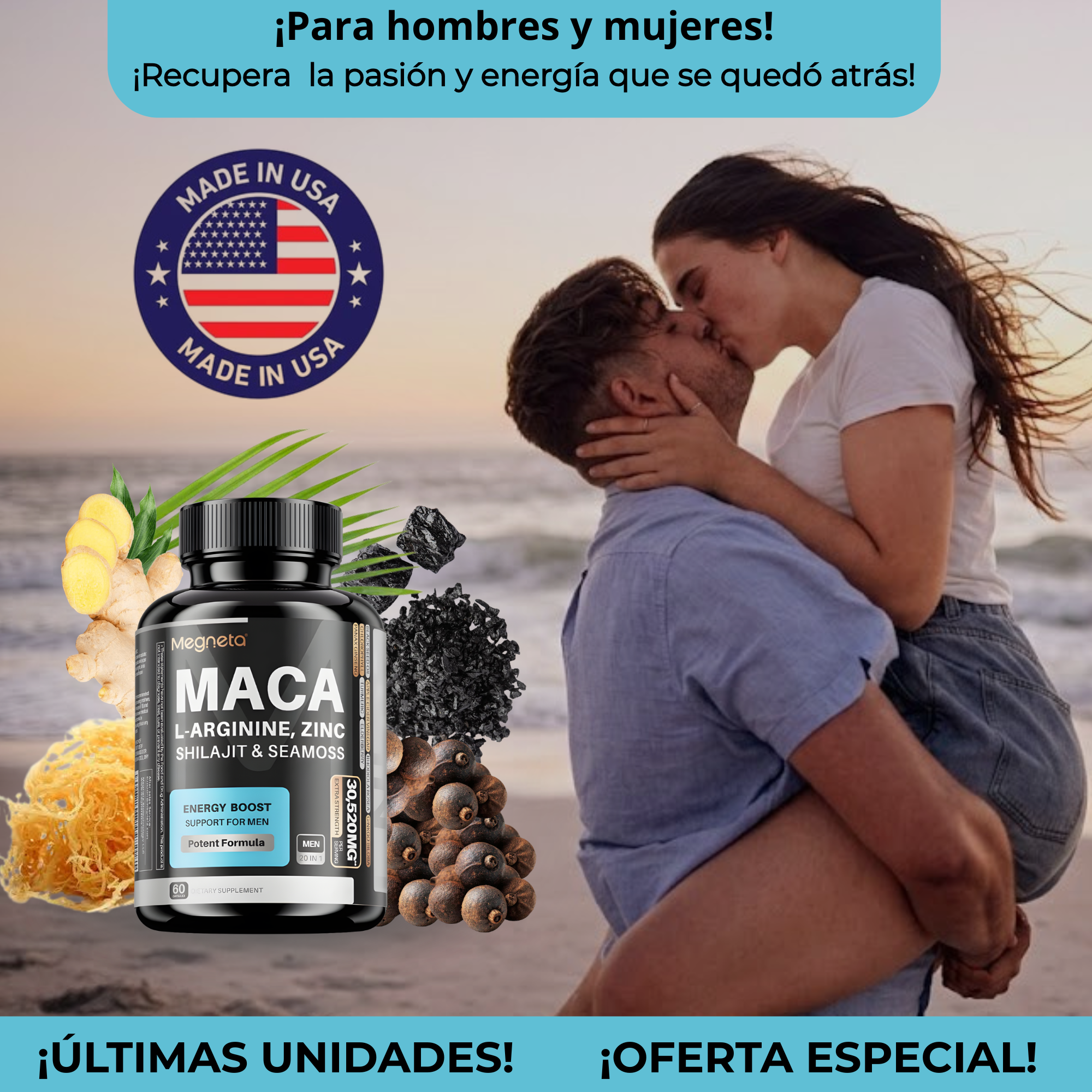 |MacaPower Elite™| Recupera tu Energía, Potencia y Seguridad como Antes  L-ARGININA, SHILAJIT & SEAMOSS 60 cap. 30,5mg