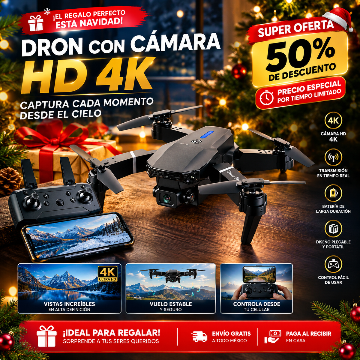 Dron Camara 4K Ultra Pro Max Drone DOWNSELL FEST LUZ NAVIDAD PROYEC HYPM