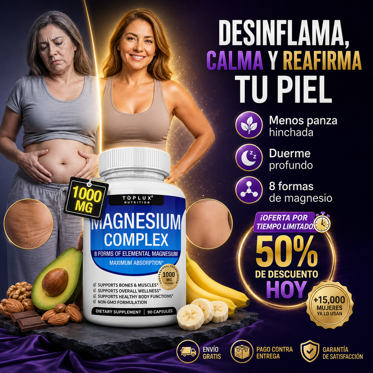 MagCalm® Magnesio Complex 8 en 1 | Desinflama tu Panza, Calma el Estrés y Reafirma tu Piel
