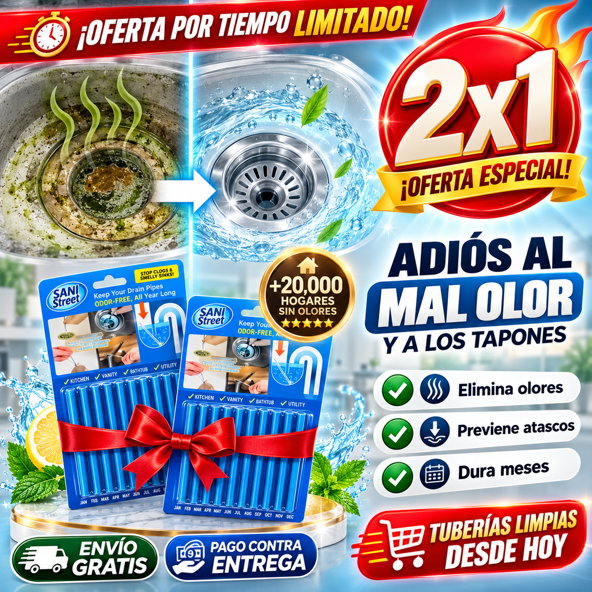 Sani Sticks® Limpia Drenajes | Adiós Malos Olores y Tuberías Tapadas (2x1)