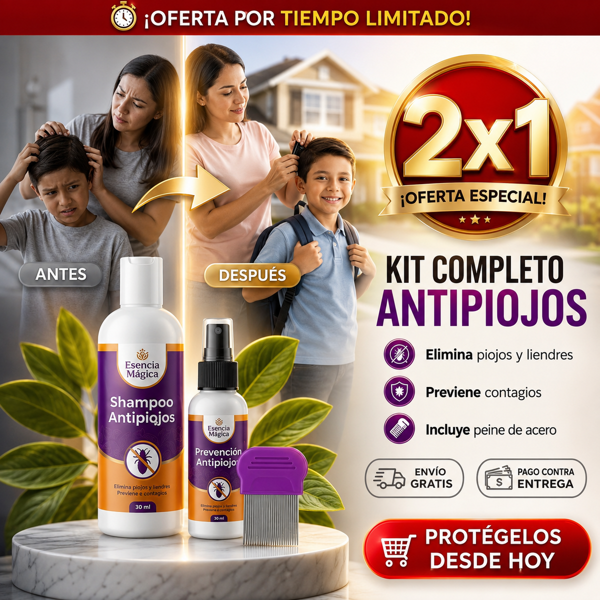 Esencia Mágica® Kit Antipiojos Completo | Shampoo, Spray y Peine (2x1)