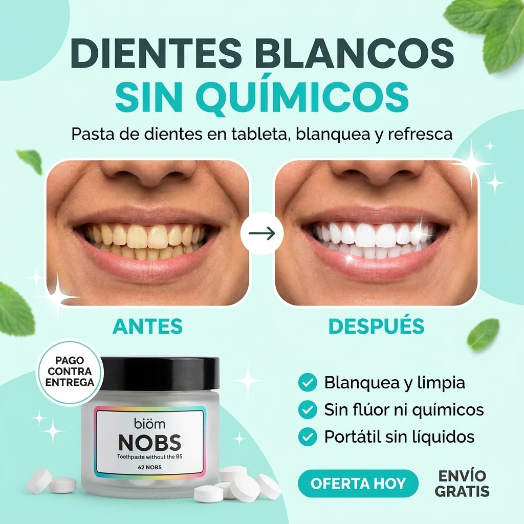 NOBS Tabletas BiteBrush® Pro| Dientes Blancos y Aliento Fresco Sin Químicos