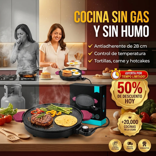 TortiGrill® Plancha Eléctrica Redonda Antiadherente | Cocina Sin Gas y Sin Humo