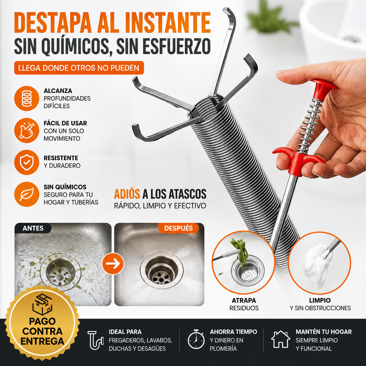 Pinza Destapatubos FlexiClaw®: Destapa Drenajes y Recupera Objetos al Instante sin Plomeros