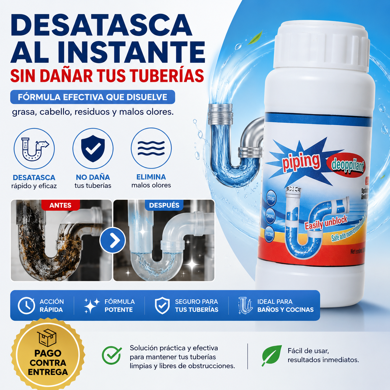 Polvo Destapacaños Piping Deoppilant®: Disuelve Obstrucciones y Libera tus Tuberías al Instante