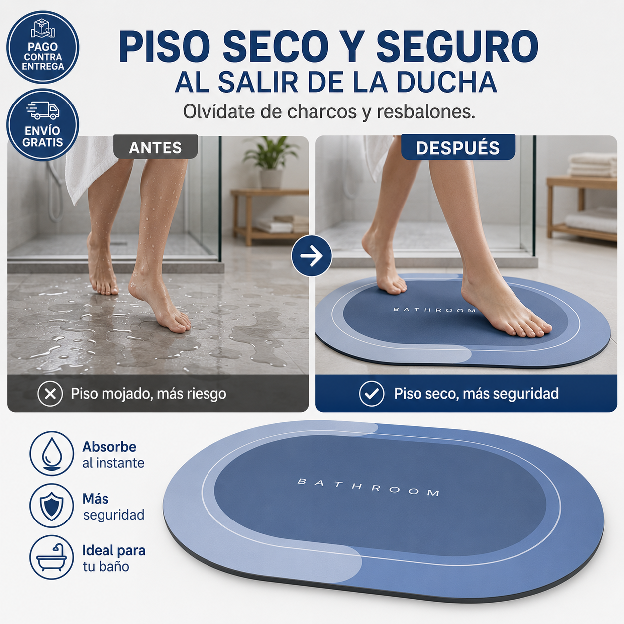 Tapete Absorbente AquaDry®: Secado Rápido, Sin Resbalones y Baño Siempre Impecable