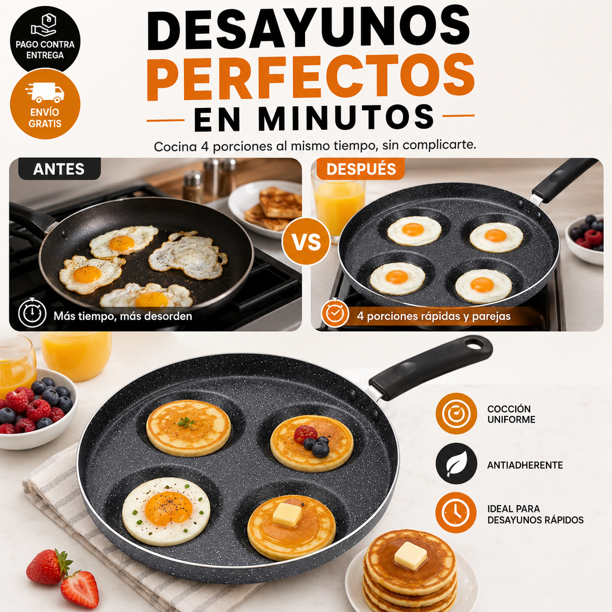 Sartén Multiusos QuadriCook®: Desayunos Perfectos y Rápidos en 4 Espacios
